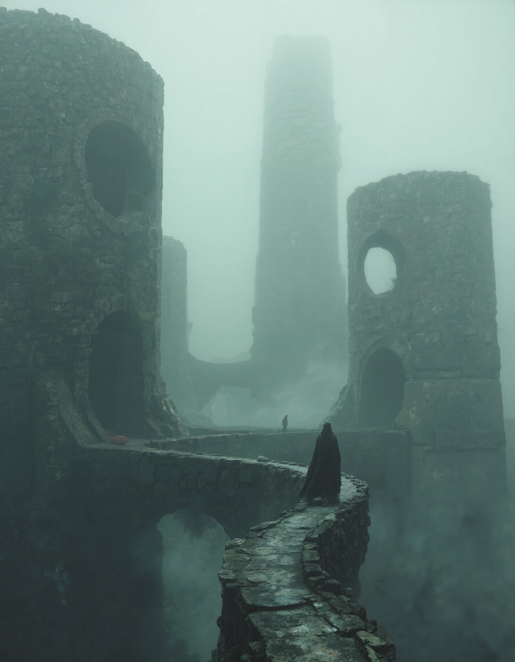 A hauntingly surreal and atmospheric scene unfolds in a dense, gray fog. Towering, brutalist structures loom in the distance, their monolithic, cylindrical forms punctured by massive, ominous circular voids. These imposing edifices exude a sense of mystery and ancient desolation, as if remnants of an alien civilization or forgotten dystopian architecture. A solitary figure, draped in a dark, flowing cloak, walks along a narrow, curving pathway suspended above the unseen depths below. The path, cracked and weathered, seems to defy gravity as it winds through the fog, leading into the labyrinthine maze of the foreboding structures. The figureâs small stature against the massive, hollowed-out columns emphasizes the scale and otherworldly atmosphere. The muted color palette deepens the feeling of isolation and unease. The fog absorbs much of the light, casting everything in a soft, diffused glow, while shadows cling to the edges of the structures. The mood is one of enigmatic dread and curiosity, as if the figure is venturing into the unknown, a world where reality and nightmare blur.  aidmaHyperrealism