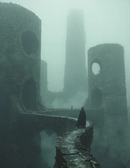 A hauntingly surreal and atmospheric scene unfolds in a dense, gray fog. Towering, brutalist structures loom in the distance, their monolithic, cylindrical forms punctured by massive, ominous circular voids. These imposing edifices exude a sense of mystery and ancient desolation, as if remnants of an alien civilization or forgotten dystopian architecture. A solitary figure, draped in a dark, flowing cloak, walks along a narrow, curving pathway suspended above the unseen depths below. The path, cracked and weathered, seems to defy gravity as it winds through the fog, leading into the labyrinthine maze of the foreboding structures. The figureâs small stature against the massive, hollowed-out columns emphasizes the scale and otherworldly atmosphere. The muted color palette deepens the feeling of isolation and unease. The fog absorbs much of the light, casting everything in a soft, diffused glow, while shadows cling to the edges of the structures. The mood is one of enigmatic dread and curiosity, as if the figure is venturing into the unknown, a world where reality and nightmare blur. aidmaHyperrealism