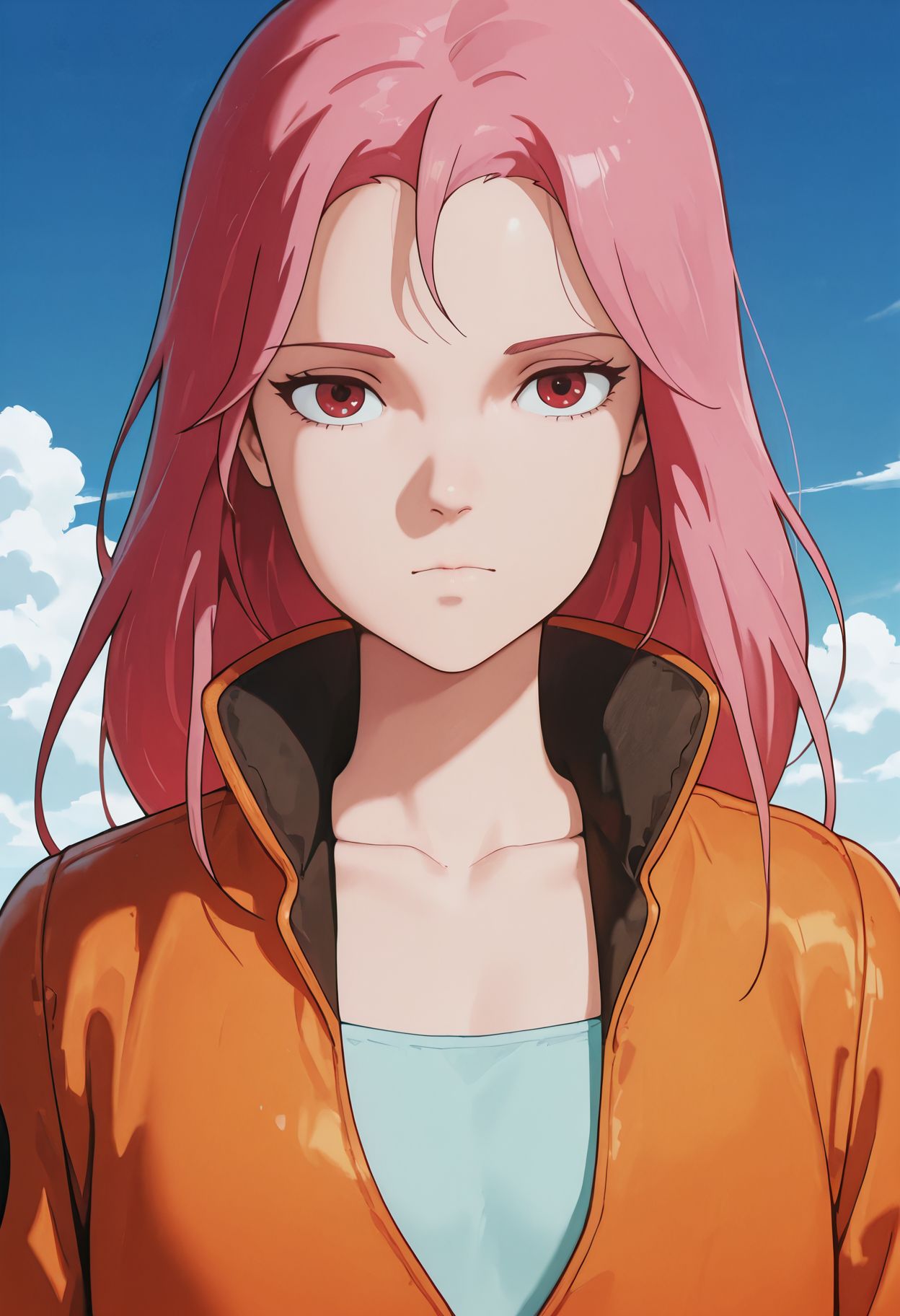 masterpiece,best quality,amazing quality,<lora:aisha_robotech_ilxl:1>aishagcm, 1girl, orange jumpsuit, blue sky, cloud, long hair, upper body, day,  looking at viewer, orange jacket, outdoors, red eyes, expressionless, shirt, collarbone, closed mouth