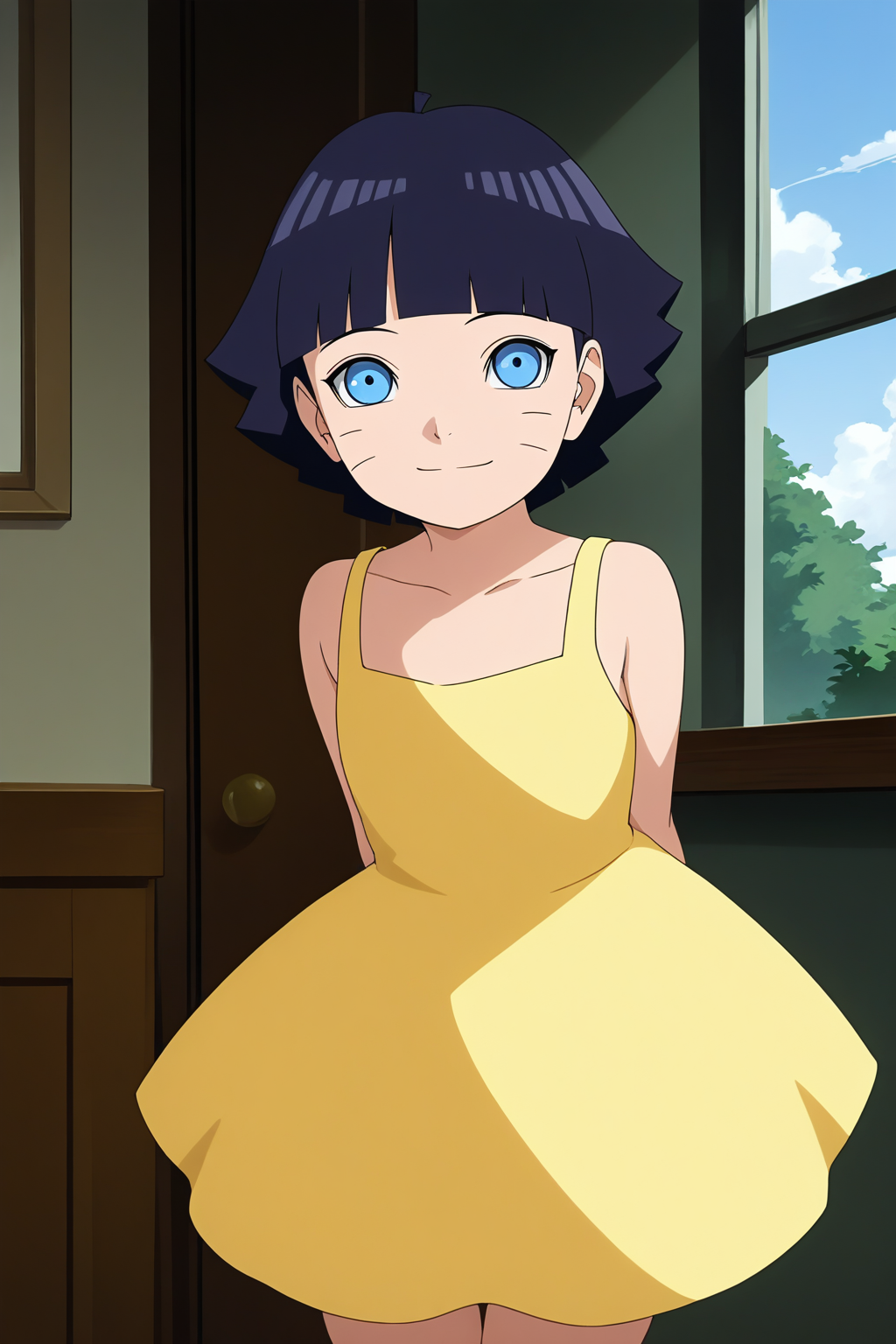 sharp focus, pixiv masterpiece, source_anime, score_9, score_8_up,  score_7_up, score_6_up, absurd res, BREAK
<lora:Himawari_Uzumaki_IL_v1-000012:0.9>,uzumaki_himawar1_illu, 1girl, solo, dark_blue_hair, short_hair, yellow dress, sunny day, looking at viewer,  cowboy shot