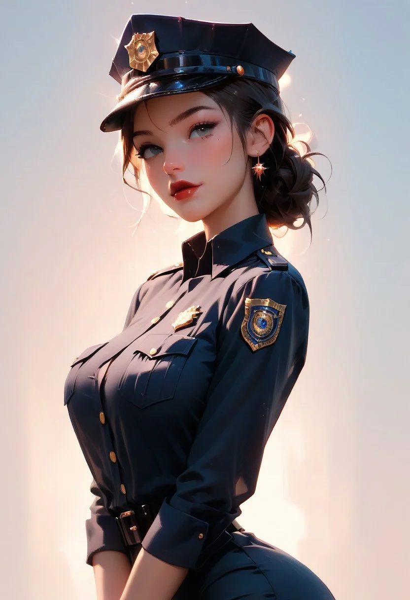 score_9, score_8_up, score_7_up, score_6_up, 1girl, gorgeous girl, kawaii girl, cute face, police officer, brunette updo, officers cap, aviators, dark navy police officers uniform, athletic, lipstick, large breasts, (slim fit), pose , boob focus ,boob focus, (sexy pose), illustration