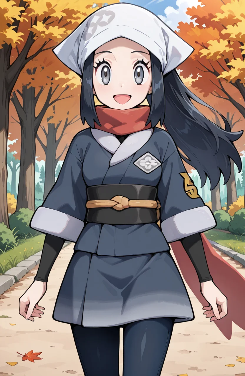 masterpiece, best quality, newest, (sugimori ken \(style\):0.5), pokemon screencap, 1girl, <lora:Akari_-_Pokemon_Illustrious:1>, akari, grey eyes, eyelashes, black hair, long hair, head scarf, galaxy expedition team survey corps uniform, scarf, white headwear, pantyhose, sidelocks, jacket, red scarf, sash, skirt, perfect eyes, breast, shiny skin, smile, open mouth, looking at viewer, grass plain, autumn, trees, forest, scenery, erotic, dynamic angle, perfect anatomy