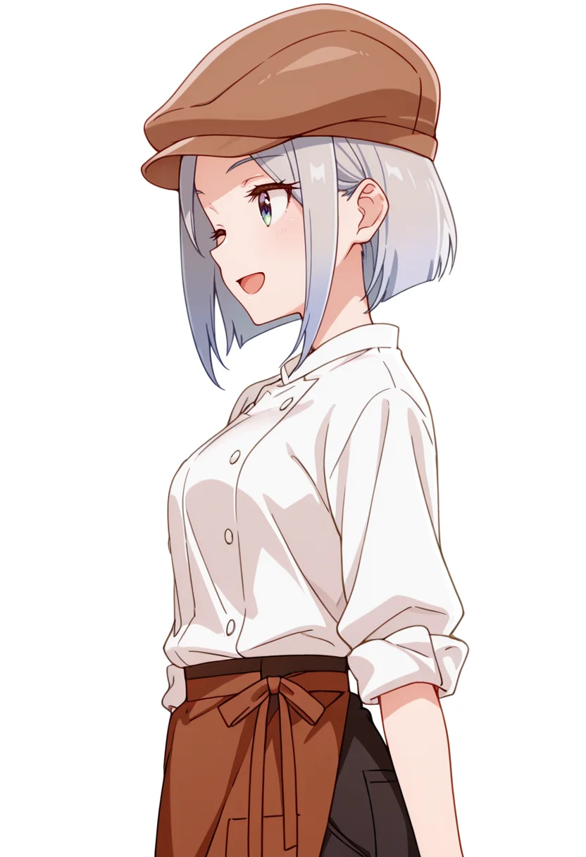 masterpiece,high quality details,absurdres, 
 <lora:Nishidera_Nene:0.8>
nene_cnr, 1girl, grey hair, short hair, 
nene_s2,cabbie hat, white shirt,brown waist apron, brown skirt,sleeves rolled up,black pants, buttons,, simple background, white background, from side,solo,, ;d,