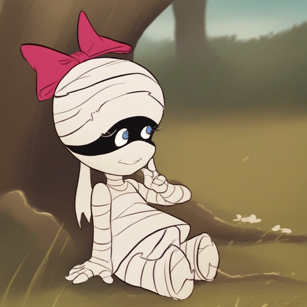 score_9, solo, tanis, mummy girl, bandages, bow, outdoors