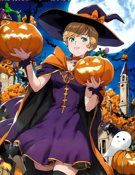 score_9,score_8_up,score_7_up,source_anime,1girl,solo,halloween costume,halloween,trick or treat,witch,pumpkin hat,witch hat,food-themed hair ornament,pumpkin hair ornament,orange choker,cape,silk,orange ribbon,thighhighs,swirl lollipop,black legwear,jack-o'-lantern,basket,holding lantern,halloween bucket,holding vegetable,sweets,candy,candy cane,cookie,silhouette,bat,ghost,black cat,pumpkin,castle,pennant,clock tower,church,cross,graveyard,tombstone,coffin,town,gate,bare tree,spider web,night sky,full moon,moonlight,looking at viewer,smile,:d,<lora:pony_xl_audrey:0.9>,audrey,