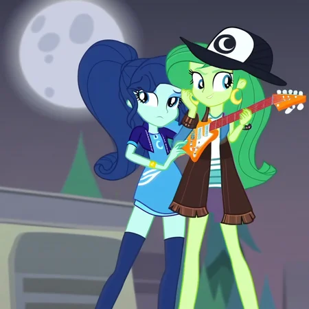 hat, guitar, jacket, earrings, green hair, blue thighhighs, moon, socks, flaccid