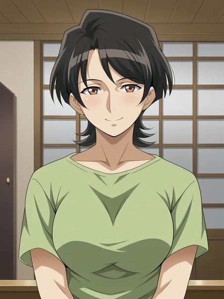 <lora:Masae-Yama_Hime_no_Mi-ep1:0.7>,Masae,mature female,1girl,black hair,short hair,brown eyes,breasts,shirt,upper body,looking at viewer, smile,indoors
