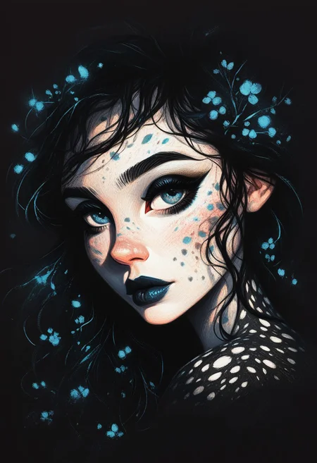 score_9, score_8_up, score_7_up, score_6_up, 1girl, black hair, 23 years old, beautiful, dappled moonlight, lipstick, dark eyeliner, silver light shafts, dark background, portrait, cool color palette, s1_dram, ncpy13 style, pastels drawing
