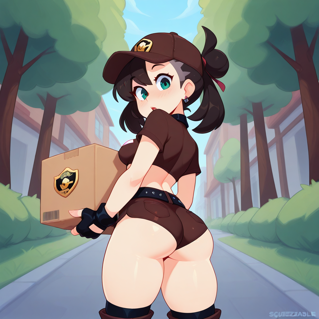 source_western, cowboy shot, (drawn by Scott Malin, drawn by Squeezable \(squeezabledraws\), drawn by Fizintine), marnie\(pokemon\), surprised, shocked, embarrassed, looking down at viewer, blushing, blush,
<lora:UPS_Delivery_Girl_Outfit_Illustrious:1>  USPgirl, dark brown hat with gold badge emblem, skin tight dark brown cropped short sleeve professional shirt with a gold badge emblem, cleavage, skin tight dark brown lowleg micro shorts, black fingerless gloves, belt, over knee black socks, boots, skin tight clothes, dark brown clothes, bare thighs, midriff, 
outdoors ,city street, trees, from below, low angle shot, ass, (ass focus), carrying one cardboard box in front of herself with both hands,