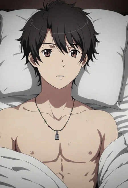 high resolution, solo, best quality, 1Boy, Inaho Kaizuka, Black Hair, Brown Eyes, bedroom, dimly lit, pillow, blanket, necklace, upper body quarter, sexual stimulation, tissue, sex toys, climax, masturbation, shirtless, sixpack, OverallDetail
