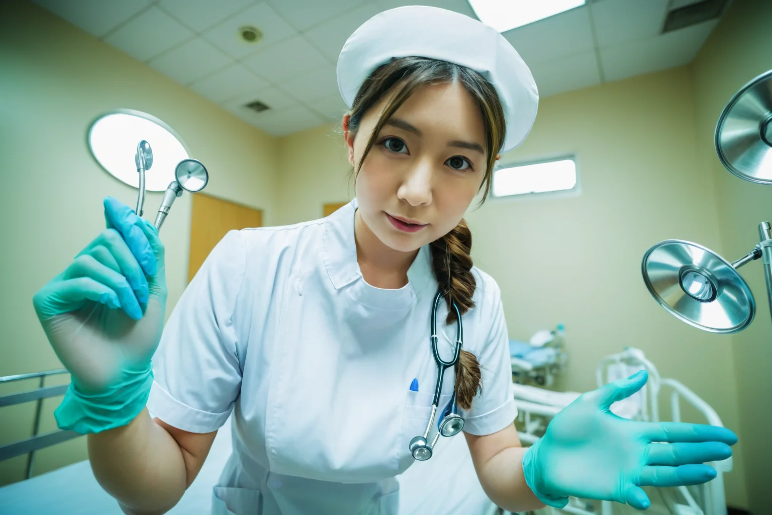 (RAW photo, best quality), wide angle photo, masterpiece, 1girl, natural lighting
hospital, operating room, surgical gloves,
(((White))) nurse uniform smooth, nurse, nurse hat, stethoscope ,
<lora:nurse_uniform_xl_v1_1-000003:1>