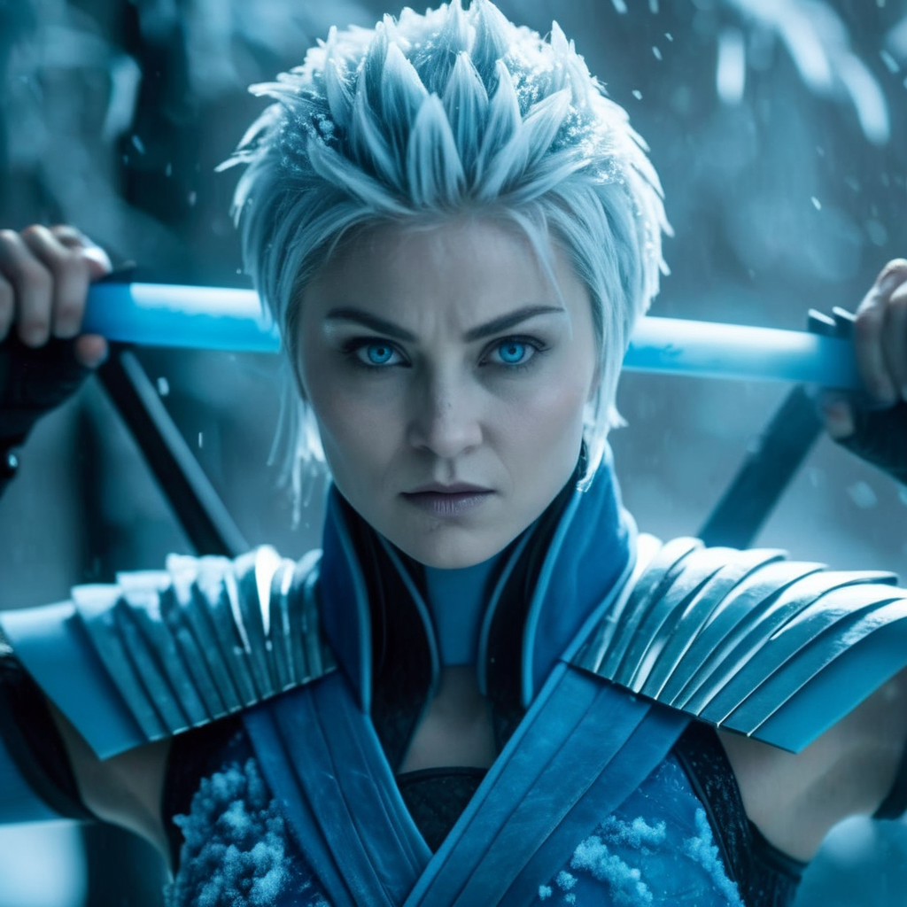 cinematic film still of  <lora:Frost Mortal Kombat:1>
Frost Mortal Kombat a pale white cold skin woman with an ice frost hair and frost eyes in a blue ninja outfit in a ice storm place with many swords, shallow depth of field, vignette, highly detailed, high budget, bokeh, cinemascope, moody, epic, gorgeous, film grain, grainy