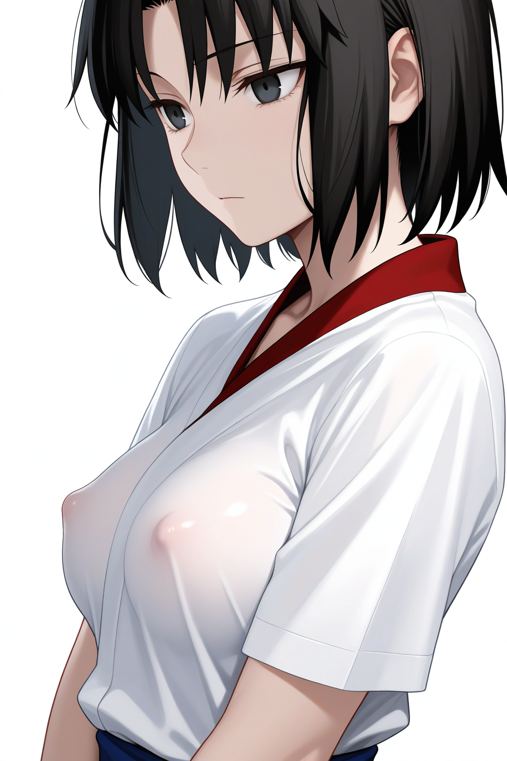 masterpiece, best quality, amazing quality, very aesthetic, absurdres, ultra detailed, ryougi shiki, kara no kyoukai, 1girl, black eyes, black hair, covered nipples, shirt, short hair, simple background, solo, upper body, white background, white shirt