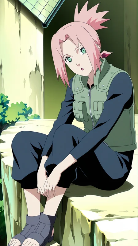 source_anime, masterpiece, best quality, amazing quality, anime screencap, high quality, 8k, absurdres, official style, 1girl, solo, <lora:Sakura_Haruno_iL:1>, 54kur4 h4run0, pink hair, green eyes, short hair, no headband, looking at viewer, green outfit, ponytail, vest, pockets, green vest, pants, blue pants, blue shoes, blue sleeves, long sleeves, toeless footwear, sitting, on ledge, looking at viewer, head tilt, :o