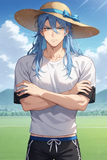 score_9, score_8_up, score_7_up, source_anime, rating_safe, , (realistic:0.6), , , 1boy, solo, male focus, <lora:edmond_nu_carnival_pony:0.78>, edmond_nu_carnival, blue hair, blue eyes, long hair, hair between eyes, , upper body, niagara falls, day, clouds, crossed arms, angry, gym shorts, bucket hat, <lora:sdxl_lightning_8step_lora:1>