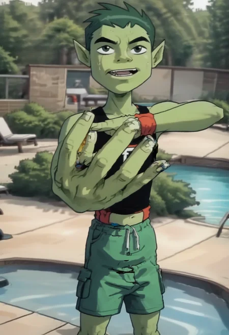 score_9, score_8_up, score_8,   <lora:teentitans_pony_v1:0.8> solo, 1boy, colored skin, beast boy, tank top, shorts, 
 <lora:Holding_Up_4_Fingers:0.7> holding up 4 fingers, 4f1ng3rs, pose
outdoors, swimming pool,