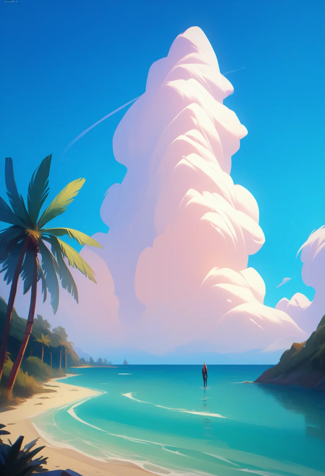 digital painting, all the other Pony quality tags, check the prompts! score_9, score_8_up, score_7_up, score_6_up, score_5_up, score_4_up,
<lora:DreamPallete:1> dr3am,
outdoors, sky, cloud, no humans, scenery, blue sky, tree, day, building, lamppost, palm tree, ocean, cloudy sky, water
