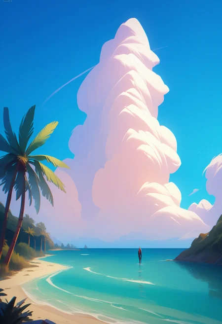 digital painting, all the other Pony quality tags, check the prompts! score_9, score_8_up, score_7_up, score_6_up, score_5_up, score_4_up,
<lora:DreamPallete:1> dr3am,
outdoors, sky, cloud, no humans, scenery, blue sky, tree, day, building, lamppost, palm tree, ocean, cloudy sky, water