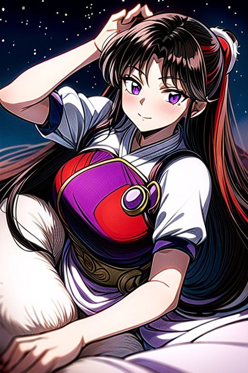 masterpiece,  best quality 1girl Setsun4 solo long hair,  (night time) forest background black hair very long hair purple eyes multicolored hair armor (fur trim) (medium body),<lora:EMS-179-EMS:0.800000>,<lora:EMS-293862-EMS:0.800000> bow, hair_bow, hair_tubes, red_bow, brown_hair, long_hair, bangs, ascot, frilled_bow, yellow_ascot, blush, smile, hair_between_eyes, athletic, armor, miko, ,(((intricate outfit,intricate clothes,embroidered outfit,ornate outfit,embroidered clothes,ornate clothes))), laying down, lying down