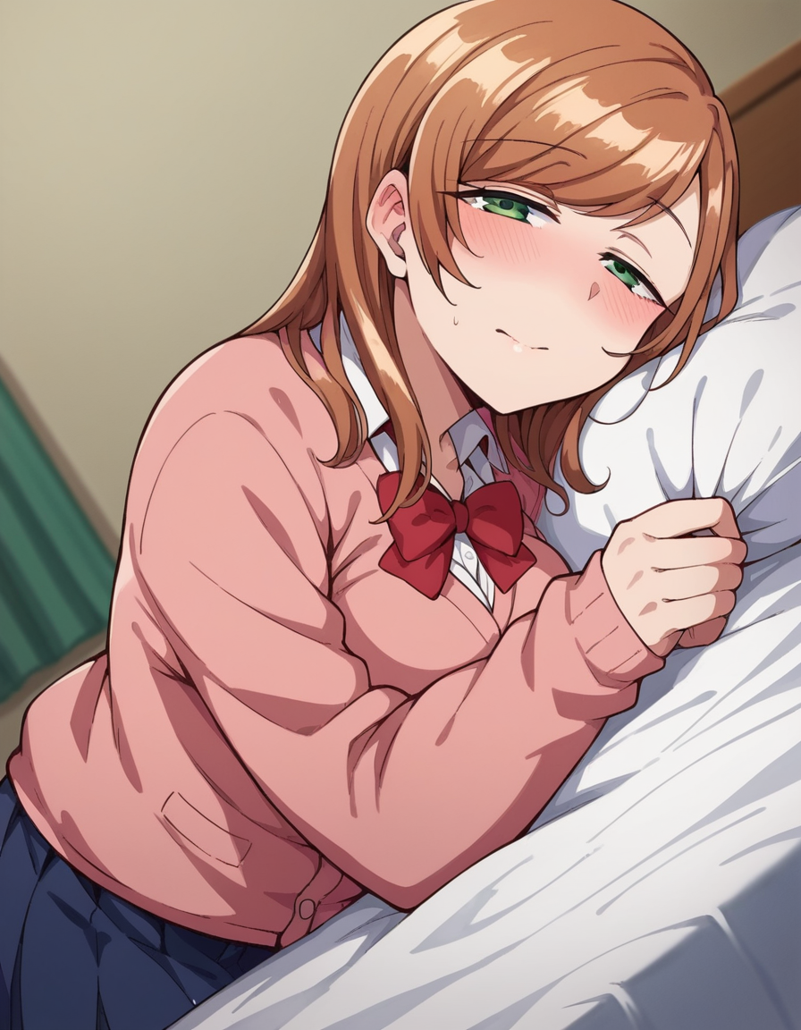 score_9, score_8_up, score_7_up, source_anime,
minakosanada, <lora:minako-sanada-ponyxl-lora-nochekaiser:1>
minako sanada, long hair, brown hair, green eyes, mature female,
long sleeves, bow, school uniform, bowtie, red bow, cardigan, pink cardigan, skirt, blue skirt,
indoors, bed, bed room, on side, blush, drunk,
looking at viewer, dutch angle, cowboy shot,