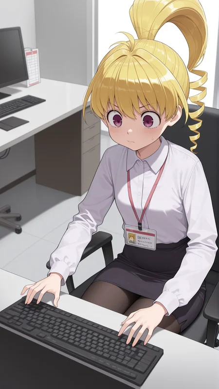 masterpiece, best quality, amazing quality, 1girl, solo, <lora:IlluBiscuit:1> illubiscuit, purple eyes, blonde hair, drill hair, ponytail, office lady, pencil skirt, white shirt, long sleeves, black pantyhose, id card, sitting, office chair, computer keyboard, typing,