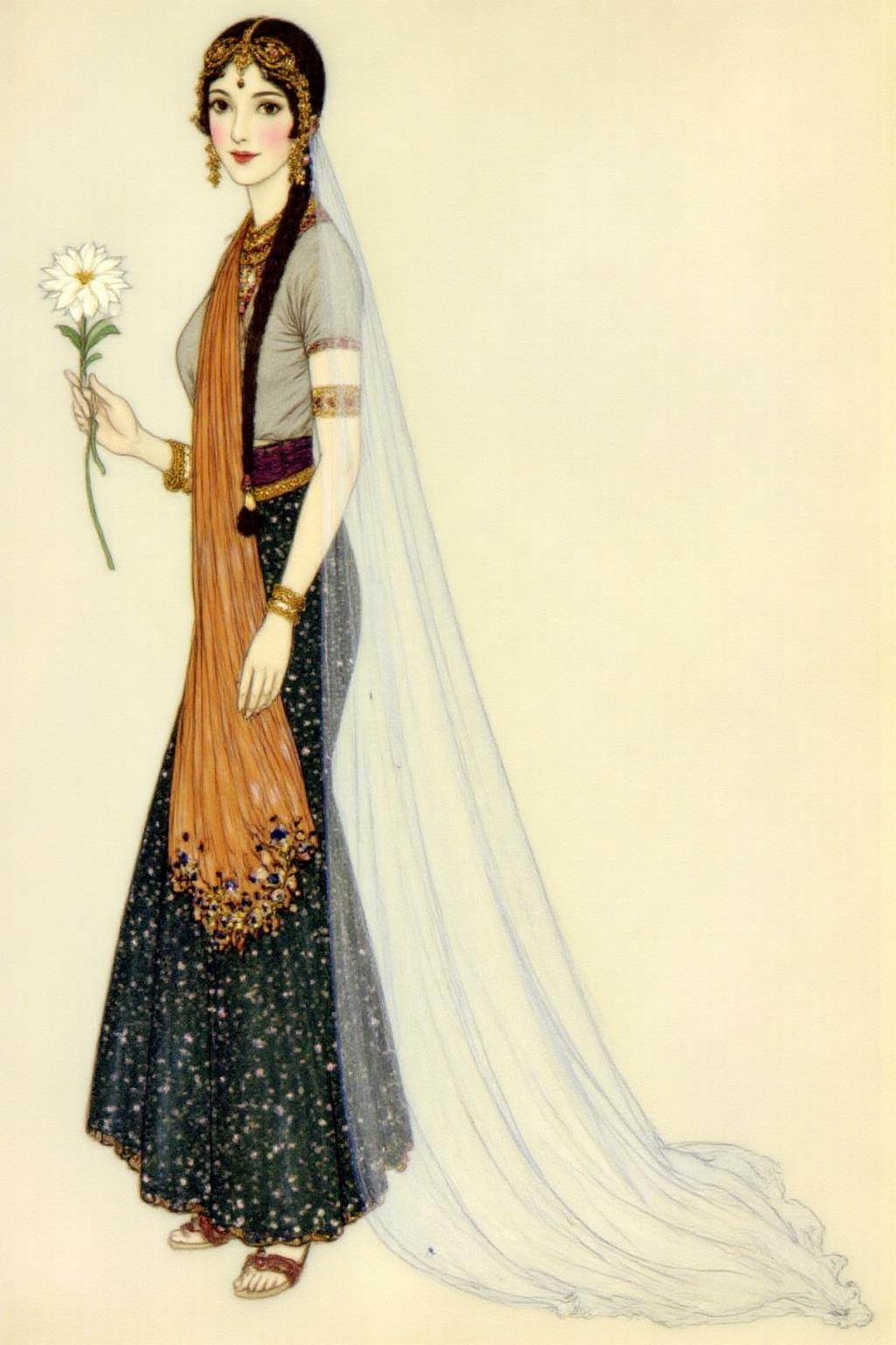 dulac1 illustration. 
A Middle Eastern or Persian woman is standing in a flowing, elegant pose, holding a white flower in her right hand. She is dressed in a traditional, elaborate outfit. Her attire includes a grey, short-sleeved top with intricate, delicate embroidery, adorned with a golden belt around her waist. The lower part of her outfit is a dark, richly patterned, floor-length skirt with a similar embroidered pattern. A long, flowing, sheer white veil with delicate floral motifs cascades down from her shoulders, blending into a long train behind her.
 <lora:dulac2_cap_d6a3e15:1.0><lora:816511594361167584:0>