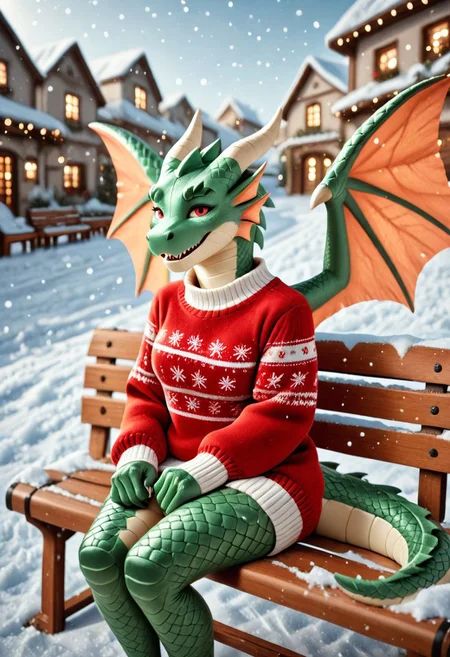 animal christmas, masterpiece, best quality, absurdres, very aesthetic, 1girl, furry, dragon anthro, scaly, dragon wings, dragon tail, female, sweater, outdoors, town, snow, sitting, bench, grinning