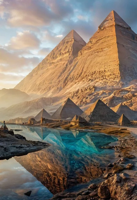 their peaks veiled in mist. mixed media, surrealism, great lighting, A surreal landscape highly detailed . extremely high-resolution details, appears trapped in an optical illusion of reflections and refractions colorful , great pyramids build on ountains, professional photography, natural lighting, volumetric lighting maximalist. intricately detailed, complex, elegant, expansive, fantastical, film photography style, medium grain