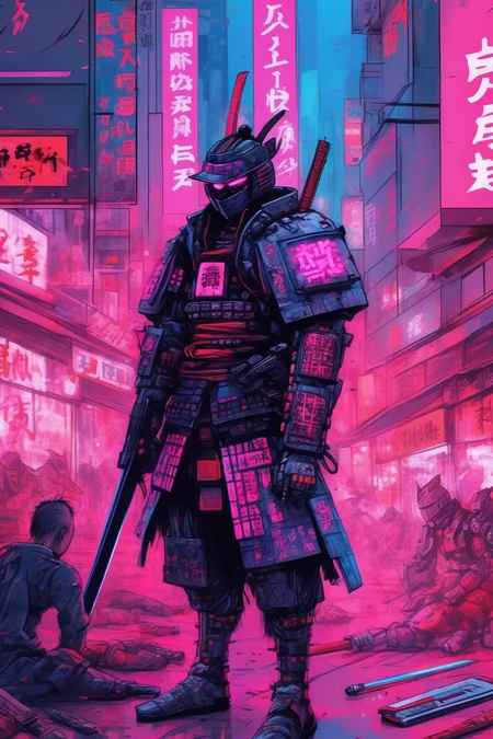 <lora:Liam Wong Style:1>Liam Wong Style - A drawing of a cyberpunk samurai in new york. He has massacred a number of cyber ronin, who now lay scattered all over the place. The battle took place in a plaza surrounded by shops and neon lights.