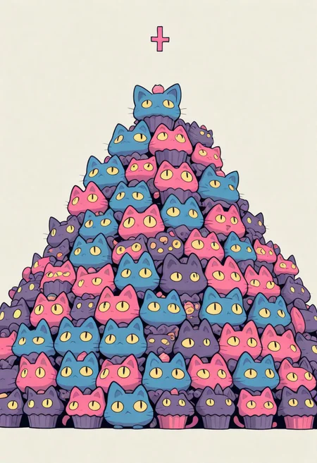 , animal focus ,
cat ,
cross-eyed ,
cupcake ,
duel monster ,
food ,
food-themed creature ,
headless ,
white background ,
Rapscallionstyle, Protoneon, S4bit4mago_illu, too many, animal, anime style