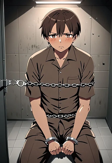 high resolution, solo, best quality, 1Boy, Takaki Toono, Brownish Hair, Brown Eyes, arrested, restrained, struggling, handcuffs, interrogated, interrogation room, OverallDetail