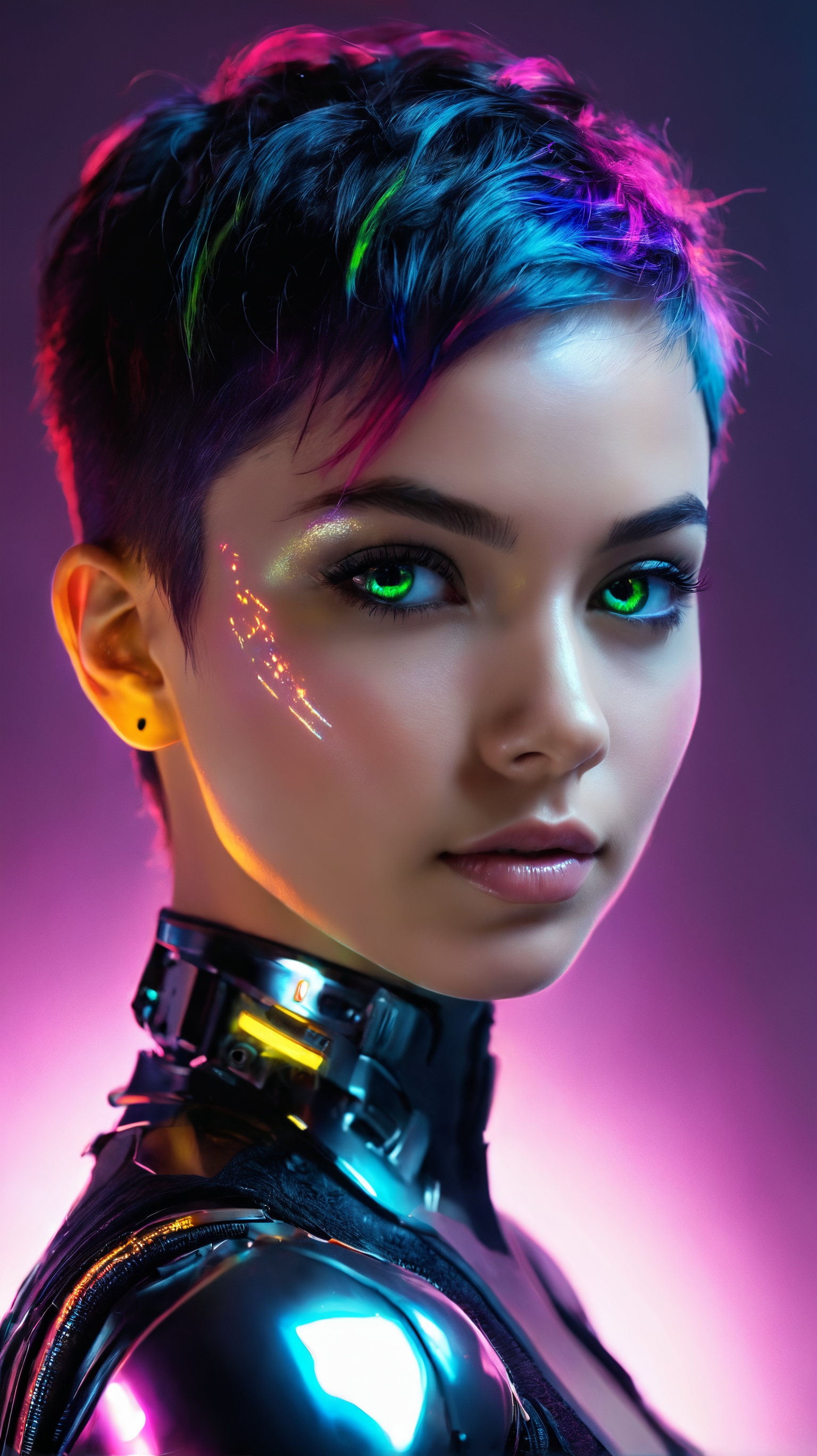 A young woman stands completely naked, her skin glowing in the dim light. Her eyes are the only thing that seem to be alive, and they are filled with a malevolent energy that sends shivers down the spine. As she stares ahead, her eyes begin to grow larger and more menacing, taking up most of her face. The background is dark and ominous, adding to the unsettling feeling of the scene, metallic cyborg, cyberpunk style, (art by Russ Mills), The creative lighting style casts intriguing shadows and highlights, dynamic pose, close up photo, (natural skin texture), (realistic skin), (detailed skin), (hyperrealism, soft light, sharp), (freckles:0.3), Cannon EOS 5D Mark III, (intricate detail), (rainbow reflections:1.3), back lighting, (night time:1.4), ((pixie cut hair, beautiful face))