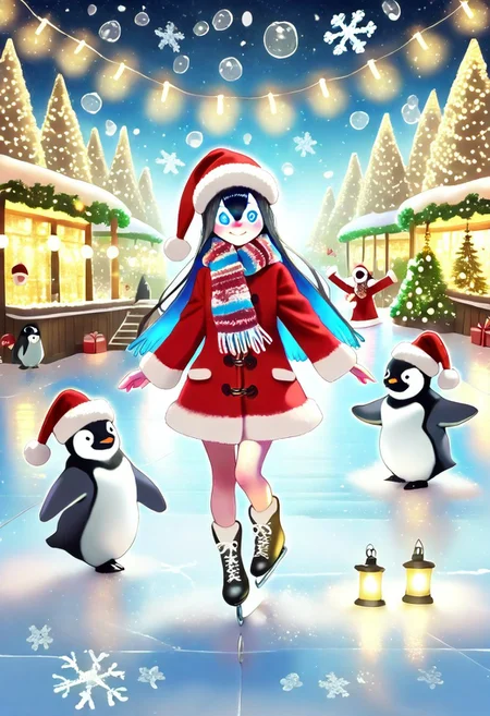 Animal Christmas, masterpiece, best quality, (Penguin, Santa hat, scarf, ice ring, ice skating), Christmas tree, snowflakes, holiday decorations, glowing lantern, candy cane, warm lights, ice backdrop, polar night, cheerful mood