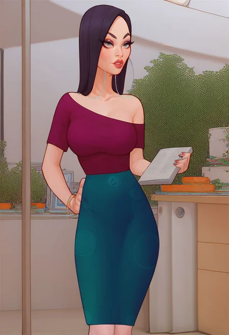 Score_9_up, score_8_up, score_7_up, akitasn, 1girl, solo, black hair, hoop earrings, skirt, off shoulder shirt, hands on hip, Expressiveh