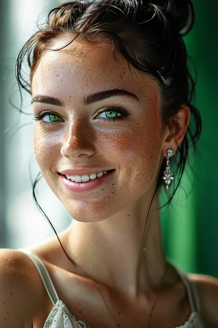 Imperfect, beautiful lady, (freckles), big smile, detailed green eyes, detailed iris, black hair in a bun, dark emo makeup, hyperdetailed photography, soft light, in the future, diamond earring, <lora:MJ52:0.6>
