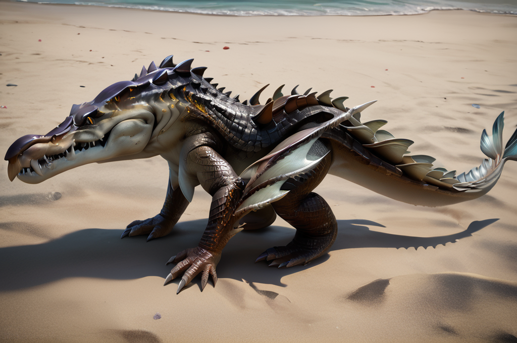 source_furry, score_9, score_8_up, score_7_up, (sahagin_xv, gator, monster), scalie, detailed scales, yellow eyes, detailed eyes, sharp teeth, elbow fins, claws, tail, <lora:FF_SahaginPony03:0.8>, outdoors, beach, full body, all-fours, walking, side view, zPDXL2, zPDXLpg, zPDXLrl, shaded, best quality, highly detailed, extreme detail, photorealistic