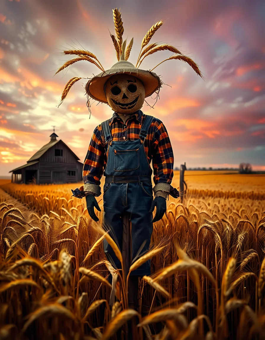 A solitary scarecrow standing in the middle of a vast golden wheat field at dusk,wh34t f13ld at dusk, dressed in rustic, worn-out farmer's clothing. The scarecrow is wearing a tattered plaid shirt, faded overalls, and a wide-brimmed straw hat that is slightly tilted. Its head is made of a burlap sack, with simple, stitched features forming an eerie yet friendly smile. The arms are outstretched, with old gloves tied to the ends of wooden poles, and straw spilling out from the sleeves and pant legs. The golden wheat stalks surround it, gently swaying in the breeze, while the warm light of the setting sun creates a serene atmosphere. The sky is painted in vivid hues of orange, pink, and purple, with long shadows stretching across the field. In the distant background, a small wooden barn and a line of dark silhouettes of trees complete the rural, tranquil scene. The overall mood is a blend of calmness and subtle mystery, evoking the charm of countryside life at twilight.
<lora:SDXLFaeTastic2400:0.4> <lora:extremely_detailed:0.4> extremely detailed, <lora:wh34t_f13ld_at_dusk:1>, Masterpiece,best quality,hi res,8k,hi res,8k,award winning,(sharp focus, intricate, highly detailed),