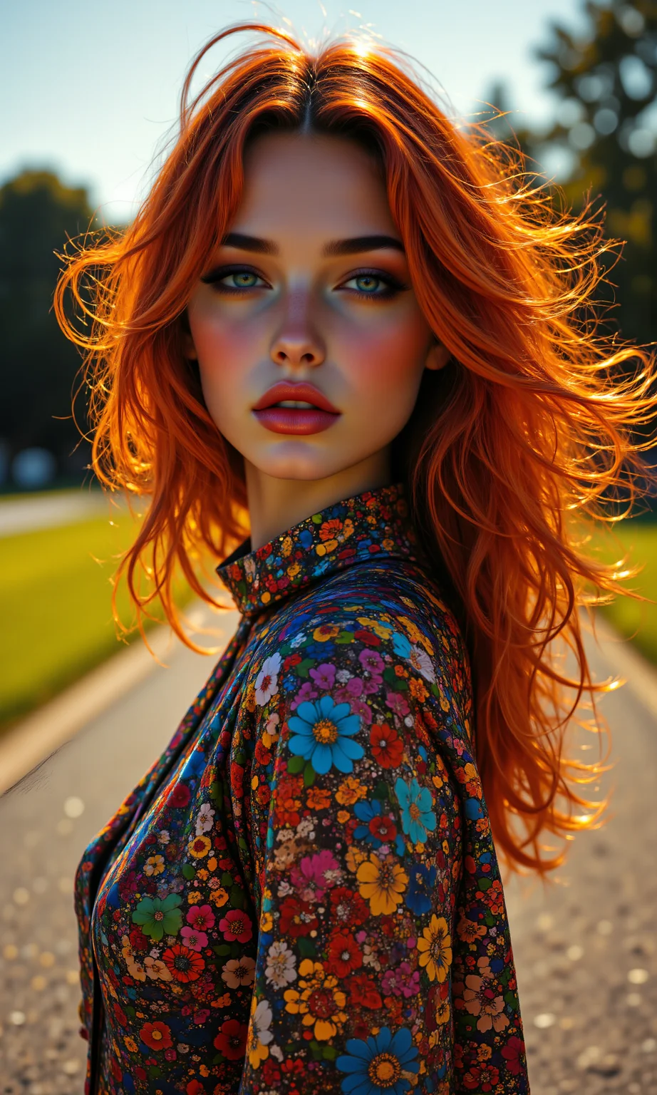A breathtaking, high-fashion editorial photoshoot featuring Jane Birkin, styled in 1970s disco glamour by designers Vivienne Westwood. She wears a glamorous metallic evening gown, styled with patent leather boots. The color palette reflects the iconic tones of the decade: psychedelic patterns. The outfit's fabrics include chiffon, perfectly capturing the aesthetic of the 70s. <lora:FLUX.1-DEV_-_Wild_1970s_Fashions_LoRA:0.8>, <lora:midjourney_whisper_avant_couture_v01:0.6>,
break
perfectly smooth jawline, no cleft chin, soft and defined chin, symmetrical and elegant facial features, well-balanced proportions, delicate and flawless face, smooth skin texture, sharp yet gentle jawline, natural beauty, high cheekbones, soft jaw curves, sleek, even facial structure, harmonious face symmetry, no dimples or clefts, clean and graceful profile, refined and polished appearance, seamless jawline transition, fine facial detail,
break
poised and confident pose, candid fashion, over the shoulder, from below, even framing, mid-range, mirrored background, soft breeze effect, gazing into the distance,
break
8k, ultra photorealistic, cinematic lighting, warm tones with soft shadows, high dynamic range, subtle film grain, lens flare, and a warm golden-hour glow. Backgrounds feature sunny park, with slight bokeh for depth, capturing the essence of 1970s fashion in a fine art editorial style. aidmafluxpro1.1, <lora:aidmaFluxPro1.1Stylev0.2:0.7>, midjourney_whisper, <lora:midjourney_whisper_flux_lora_v01:0.5>, velvet_myst, <lora:Midjourney_Whisper_Chromaplex_Velvet_Myst_v01:0.6>,