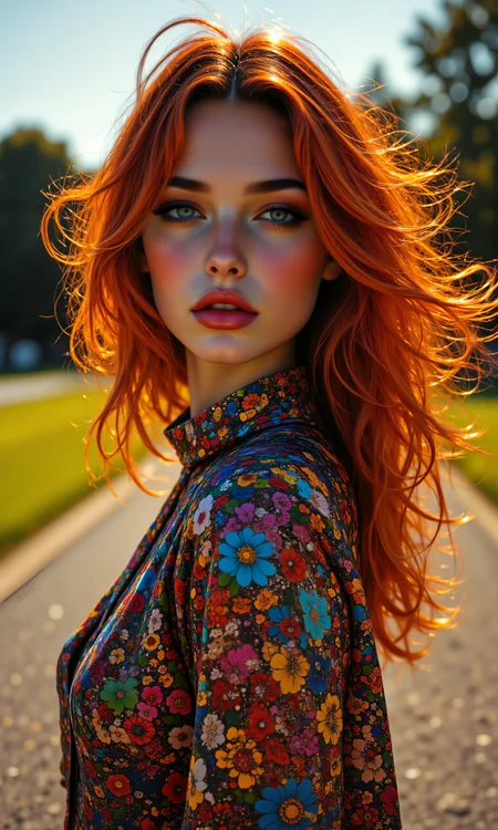 A breathtaking, high-fashion editorial photoshoot featuring Jane Birkin, styled in 1970s disco glamour by designers Vivienne Westwood. She wears a glamorous metallic evening gown, styled with patent leather boots. The color palette reflects the iconic tones of the decade: psychedelic patterns. The outfit's fabrics include chiffon, perfectly capturing the aesthetic of the 70s. <lora:FLUX.1-DEV_-_Wild_1970s_Fashions_LoRA:0.8>, <lora:midjourney_whisper_avant_couture_v01:0.6>,
break
perfectly smooth jawline, no cleft chin, soft and defined chin, symmetrical and elegant facial features, well-balanced proportions, delicate and flawless face, smooth skin texture, sharp yet gentle jawline, natural beauty, high cheekbones, soft jaw curves, sleek, even facial structure, harmonious face symmetry, no dimples or clefts, clean and graceful profile, refined and polished appearance, seamless jawline transition, fine facial detail,
break
poised and confident pose, candid fashion, over the shoulder, from below, even framing, mid-range, mirrored background, soft breeze effect, gazing into the distance,
break
8k, ultra photorealistic, cinematic lighting, warm tones with soft shadows, high dynamic range, subtle film grain, lens flare, and a warm golden-hour glow. Backgrounds feature sunny park, with slight bokeh for depth, capturing the essence of 1970s fashion in a fine art editorial style. aidmafluxpro1.1, <lora:aidmaFluxPro1.1Stylev0.2:0.7>, midjourney_whisper, <lora:midjourney_whisper_flux_lora_v01:0.5>, velvet_myst, <lora:Midjourney_Whisper_Chromaplex_Velvet_Myst_v01:0.6>,