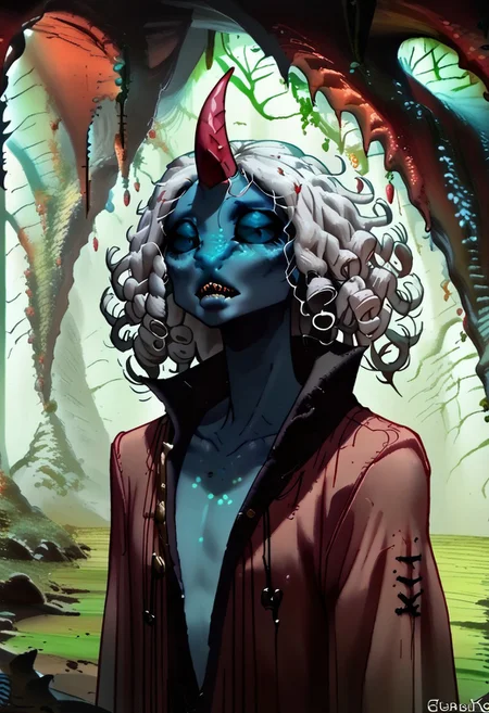 1 person, Kufr, blue skin, single horn, white hair, curly hair, black sclera, red horn, androgynous, ((slim figure, sleek skin)), ((flat nose:1.2, nasal slits)):1.8, thin lips, sharp teeth,
((Close up, detailed face)), head focus, front view, variety,
loose clothing, ragged clothing,
((cavern background, organic chamber, soft light, moss on ceiling, luminous moss)),
clean lines, smooth colors, sfw, source: semi-realistic, medieval style, rating: pg, score: 8 up, score: 9