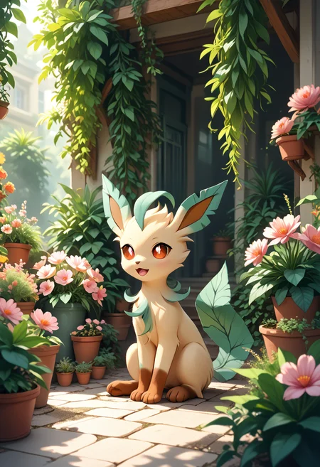 masterpiece, best quality, highly detailed, score_9, score_8_up, score_7_up, score_6_up, source_anime, high resolution, 8k, very aesthetic, absurdres, dim lighting, gentle shadows,
bkomadori, pokemon (creature), no humans, flower, open mouth, sitting, plant, potted plant, red eyes, flower pot, pink flower, holding, outdoors, petals, bright pupils, white pupils, leafeon, solo
<lora:DNDFG:0.2>,
<lora:backgroundon:1>