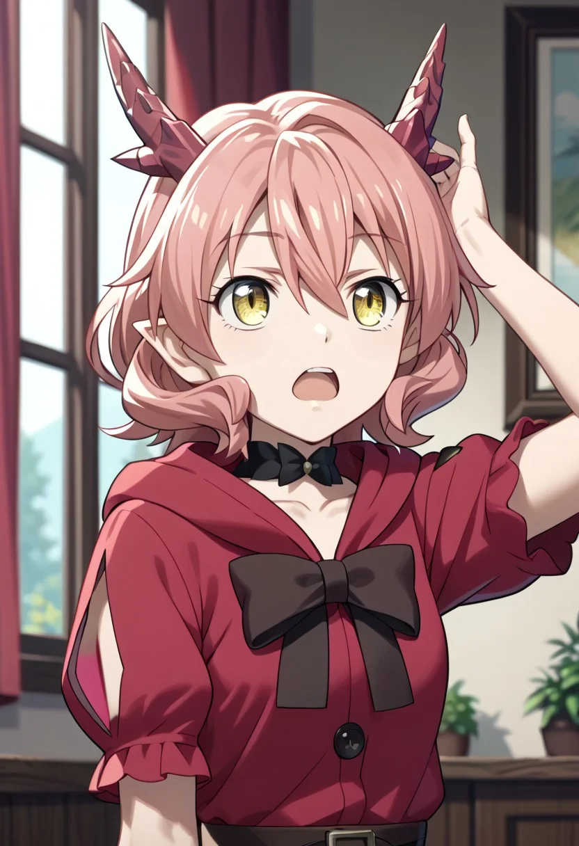 score_9,score_8_up,score_7_up,source_anime,FAFNIR_GUILDMELAG_LINDA_BLAIR_HANAKO,1girl,solo,open mouth,bow,hair between eyes,upper body,short sleeves,choker,indoors,hood,arm up,window,looking up,dragon horns,