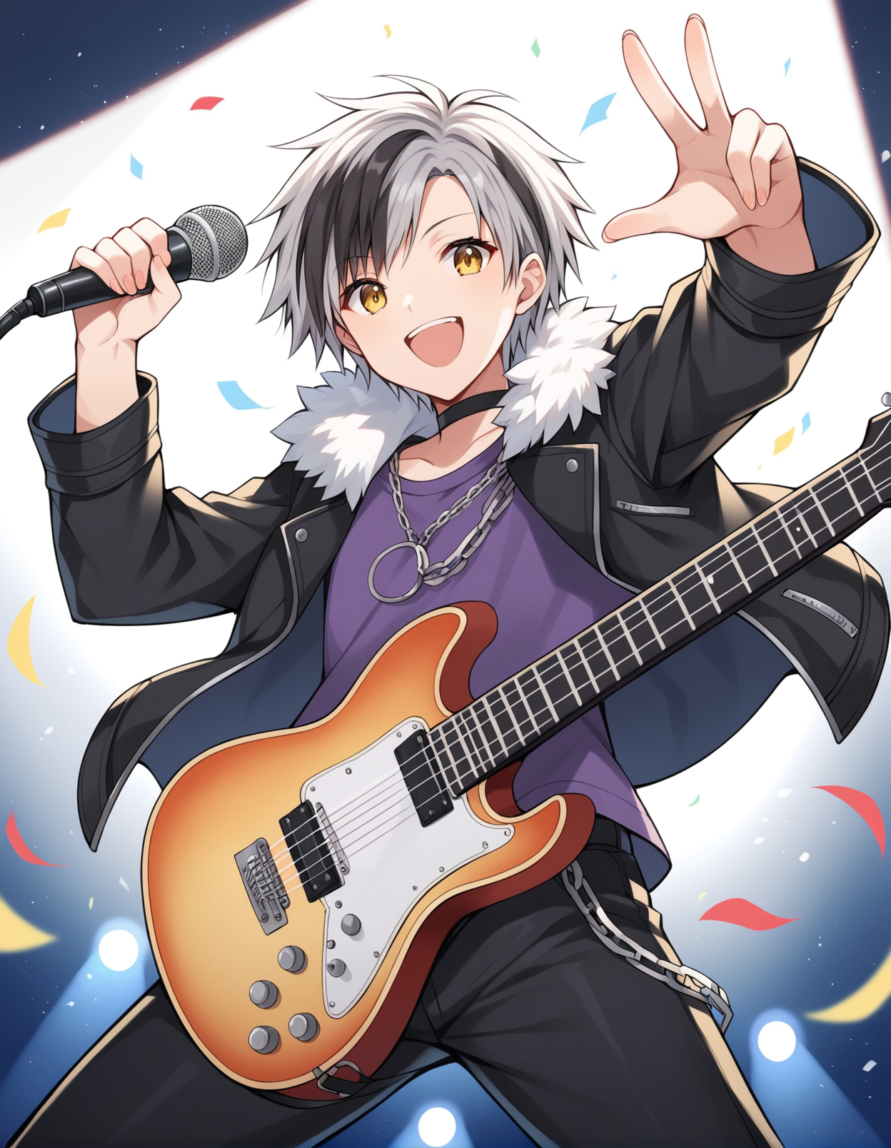 score_9, score_8_up, score_7_up, score_6_up, score_5_up, score_4_up, source_anime, rating_safe, BREAK <lora:masaruXL_LoRA-C3Lier_AdamW_Dim16_Alpha16_UN-3e-4_TE-1.5e-4_10batch_ponyDiffusionV6XL_v6StartWithThisOne:1>, masarunorm, 1boy, multicolored hair, streaked hair, short hair, yellow eyes, black choker, jewelry, fur trim, fur-trimmed jacket, black jacket, long jacket, chain, open jacket, purple shirt, black pants, looking at viewer, wind, smile, happy, electric guitar, guitar strap,holding instrument, dutch angle, from below, holding microphone, stage, stage lights, spotlight, confetti
