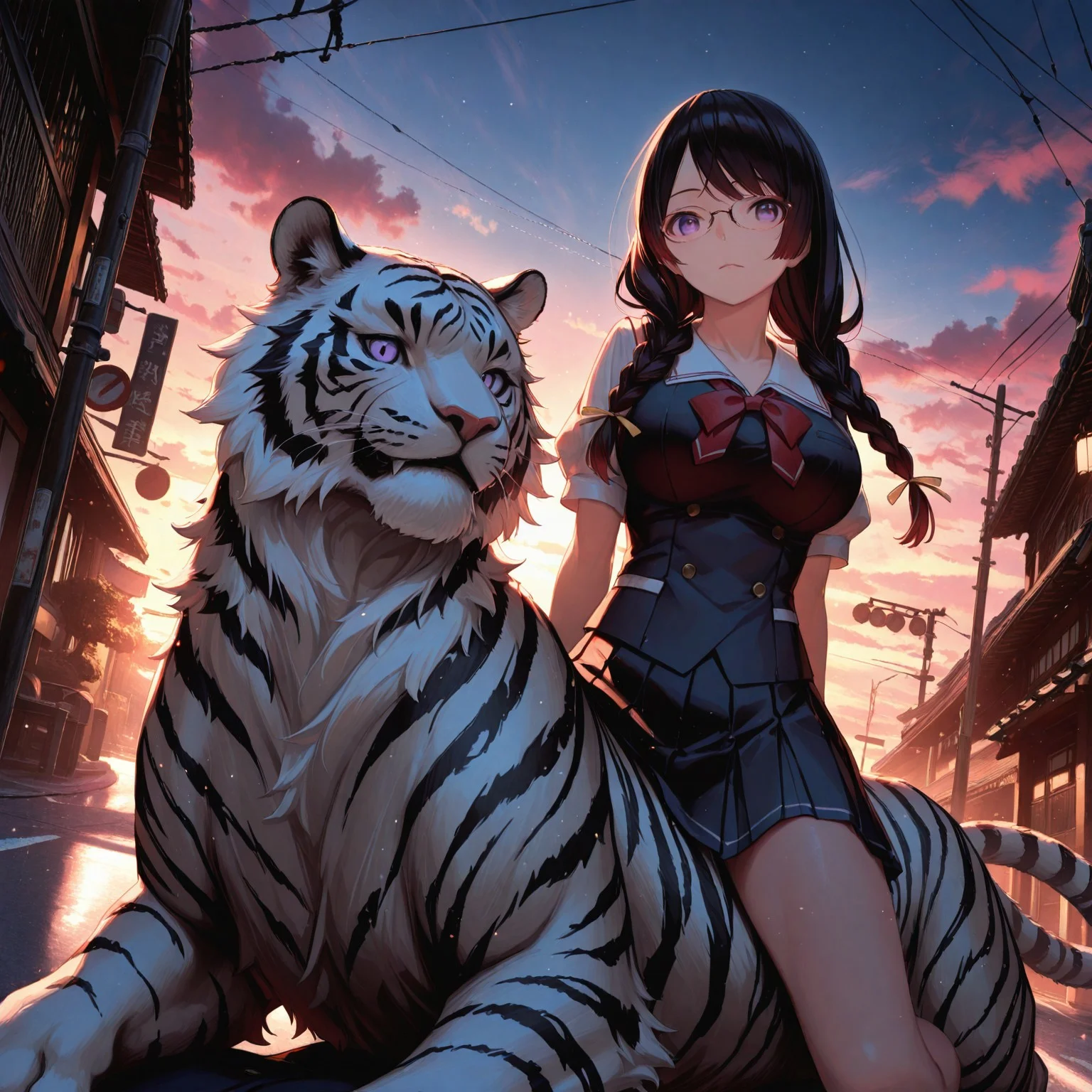 safe_pos, Japanese intersection, street lights, traffic signals, sky, dusk, cloud, scenery,
straight on,low view, hanekawa tsubasa, 1girl, purple eyes, glasses,black hair,twin braids,large breasts, school uniform, (Sitting on top of white tiger:1.2), huge tiger,Sitting sideways, long hair, looking at viewer, Cinematic Lighting, red dusk lighting, gradient sky,
outdoors, soft lighting, solo, dutch angle, illuminated face, frontlighting, masterpiece, best quality, very aesthetic, absurdres, amazing quality, 1girl, by sakuraba yuuki, by nagishiro mito, by guweiz, by unfair,