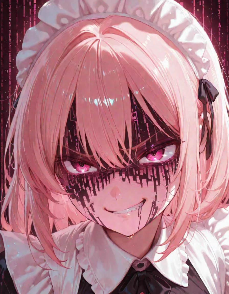 masterpiece, best quality, anime screencap,<lora:CivChan:1> civchan, 1girl, solo,  clenched teeth, straight on, smile
<lora:Matrix_Style:1> om0atrix0, glitch, pink theme,