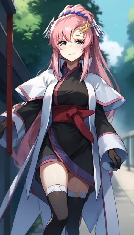 score_9,score_8_up,score_7_up,score_6_up BREAK official art,solo,outdoors,cowboy shot,looking at viewer,facing viewer,smile,blush,Lacus Clyne,very long hair,pink hair,ponytail,hair ornament,sidelocks,bangs,blue eyes,japanese clothes,white cape,black dress,red obi,long sleeves,wide sleeves,black gloves,medium breasts,zettai ryouiki,black thighhighs,boots,<lora:Lacus Clyne(msg seed)-Pony:1.8>,