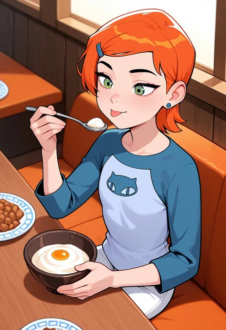 ((screencap, cartoon)) , masterpiece, best quality, amazing quality, very aesthetic, absurdres, newest,
gwenos, short hair, hairclip, orange hair, 1girl, , earrings, ((solo)),, eye liner, green eyes
blue shirt, raglan sleeves, cat print, white pants
sitting at table, in restaurant, holding spoon, tongue out, :P, yummy, bowl of ice-cream, from bottom, looking at food, staring at food, ,