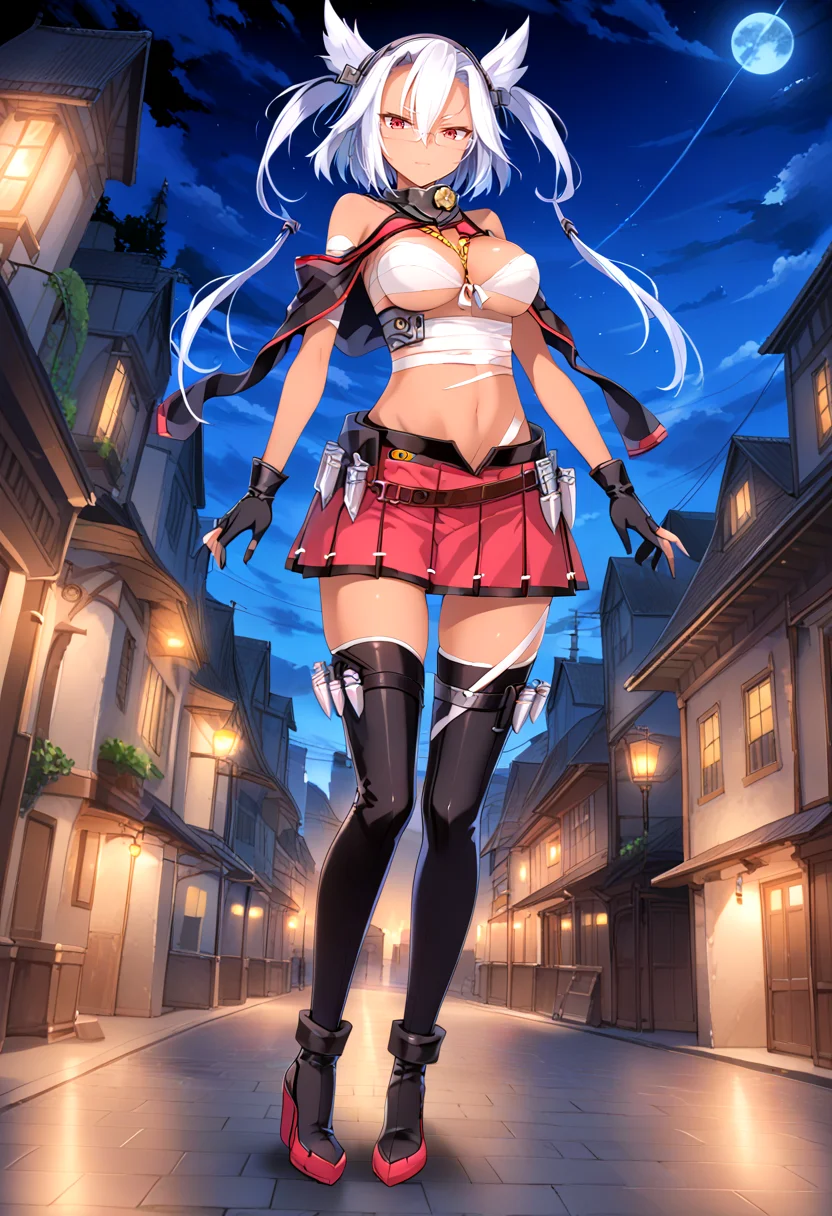 full body, building, night, <lora:KC_05BB_musashi_pony0618:1> bangs, silver hair, hair ornament, red eyes, glasses,semi-rimless eyewear, hair between eyes, twintails,hair flaps, short hair with long locks, pointy hair, dark skin, musashidef-kc, metal collar, bare shoulders, budget sarashi, covered nipples, black gloves, partially fingerless gloves, navel, midriff, belt, capelet, miniskirt, skirt, pleated skirt, red skirt, black thighhighs, zettai ryouiki, thigh strap, boots, thigh boots, score_9,score_8_up, score_7_up, source_anime, masterpiece, best quality, official art, official style, game cg, megami magazine, rating_safe, rating_questionable, <lora:Fixhands_anime_bdsqlsz_V1:0.75>,