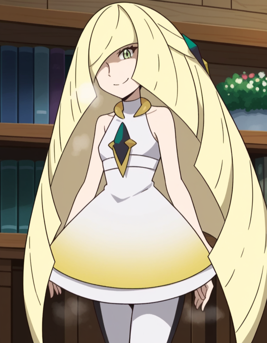 score_9, score_8_up, score_7_up, source_anime, <lora:pokemon-lusamine-anime-ponyxl-lora-nochekaiser:1>, pokemonlusamine, blonde hair, green eyes, hair over one eye, long hair, multicolored hair, streaked hair, very long hair,, bare arms, diamond (shape), dress, gem, green gemstone, leggings, short dress, sleeveless, sleeveless dress, white dress, white leggings,, bookstore, browsing shelves, new book smell, finding a favorite, quiet atmosphere, smile, looking at viewer, solo,, cowboy shot, dutch angle
