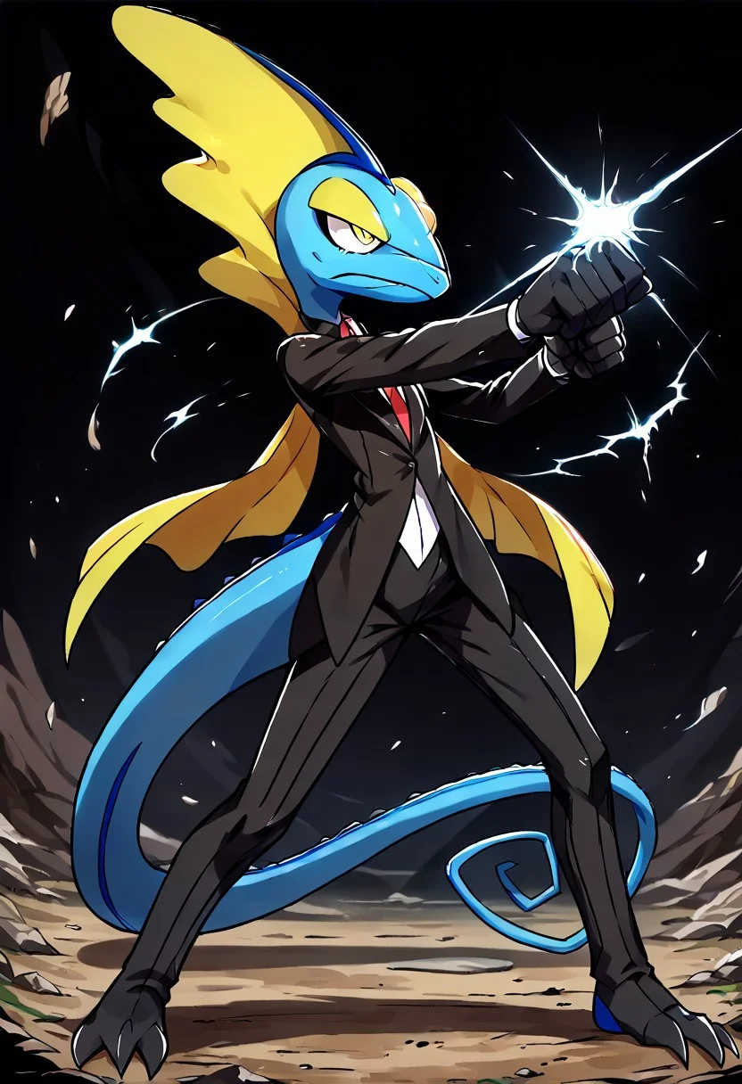 score_9, score_8_up, score_7_up, score_6_up, source_furry, solo, dof, full-length portrait, full shot,nature background, <lora:POKEMON_INTELEON:1> inteleon,((fighting,angry,full body, full shot)),((wearing black suit:2)),damaged, pokemon (creature), yellow eyes, ready to fight